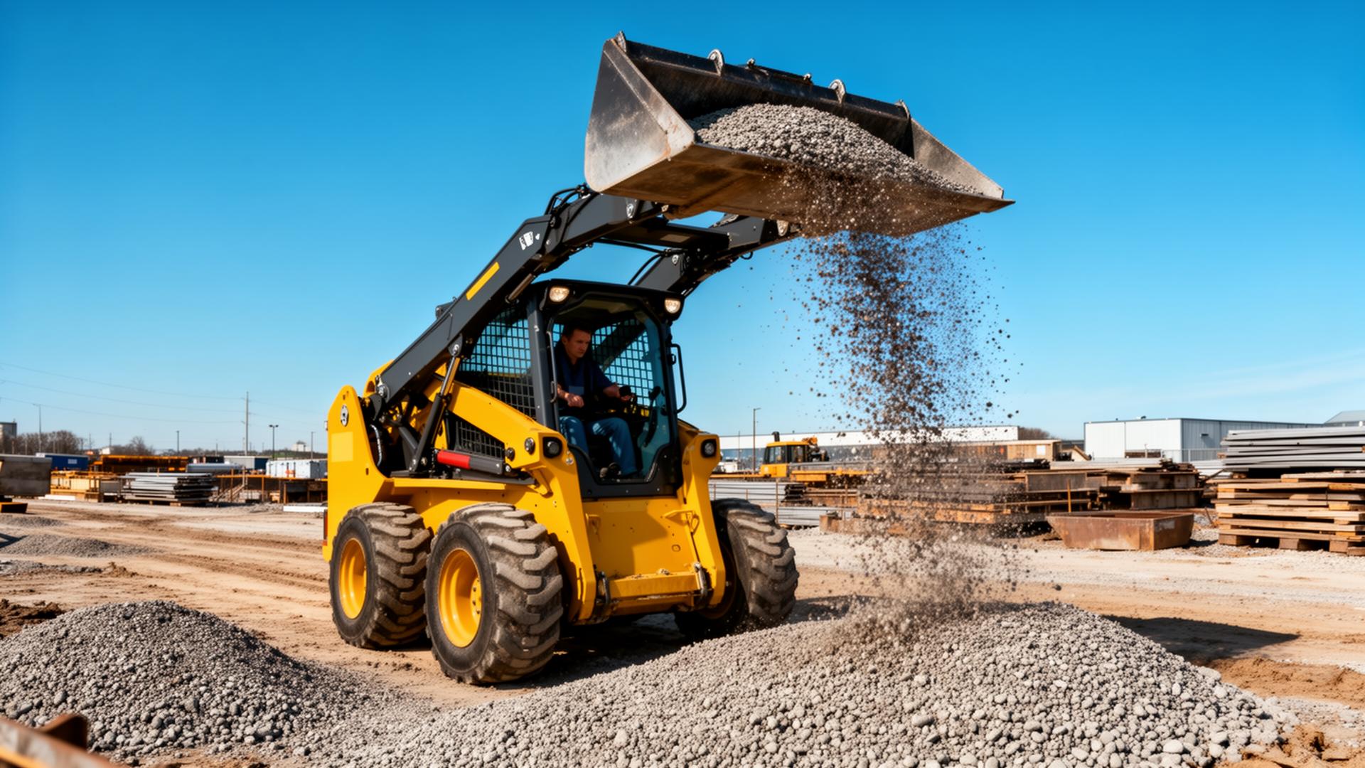 Skid steer loader moving gravel on site