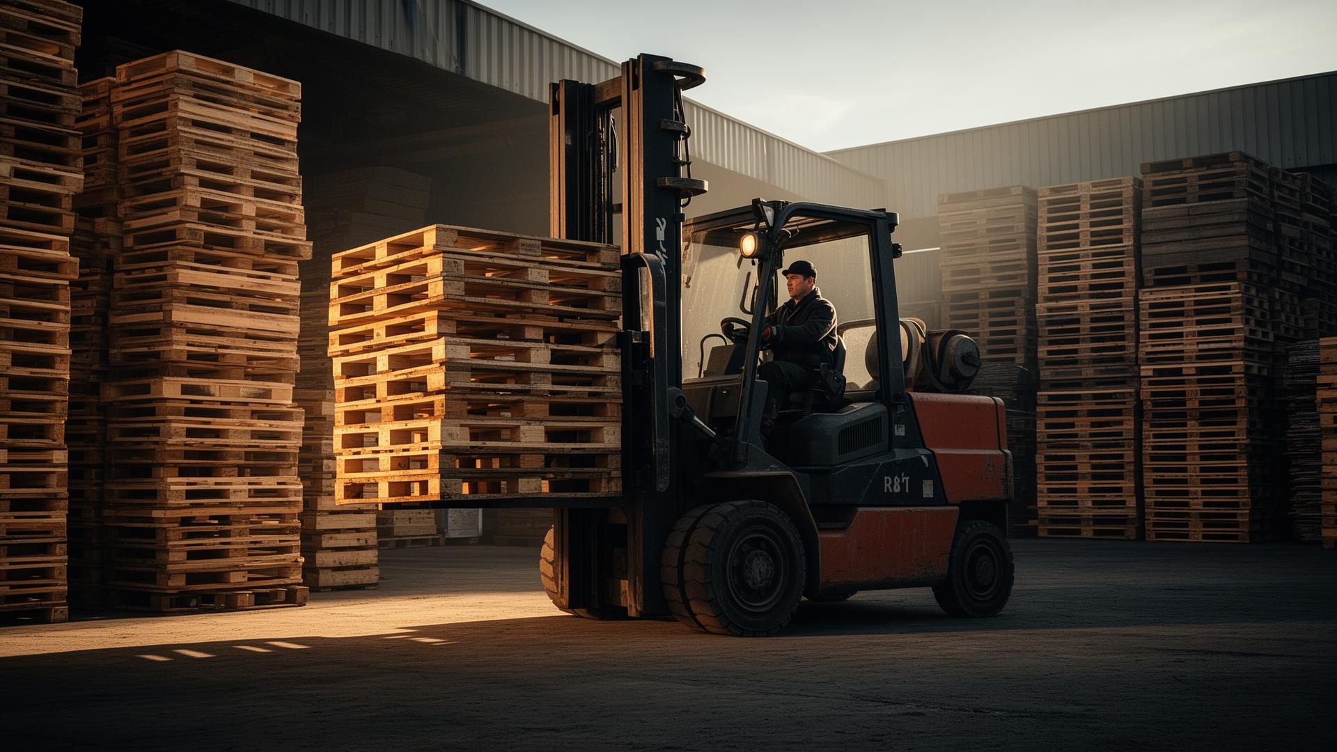 Heavy duty forklift handling pallets in a warehouse