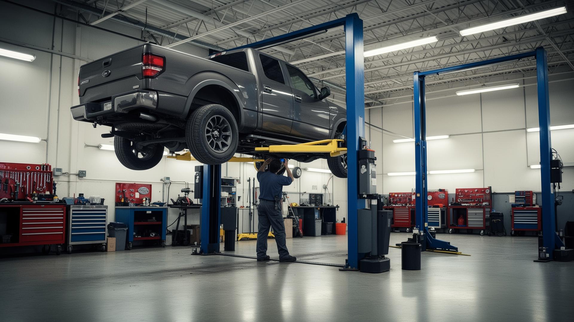Two-post car lift raising a pickup truck in a repair shop
